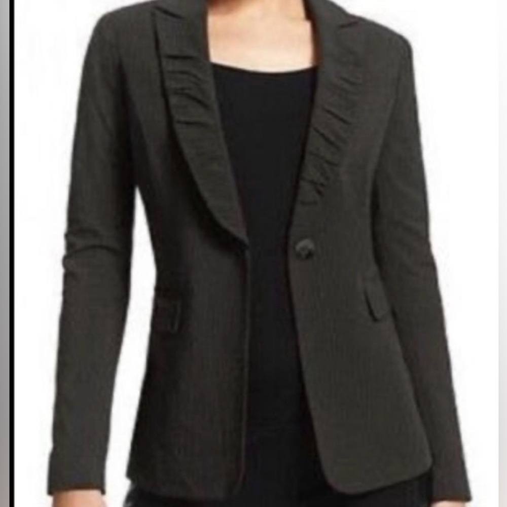 CAbi 601 Ruched Pinstripe Blazer Black Brown One Button 10 Office Siren Career